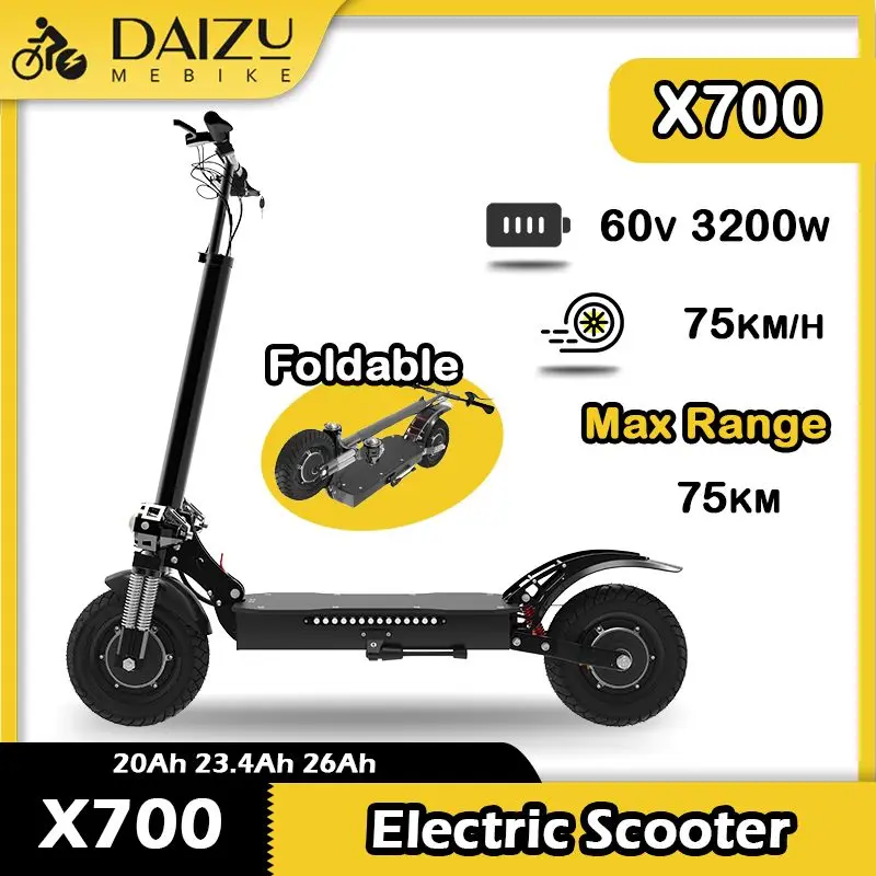 60V 3200W X700 Electric Scooter Foldable 75KM/H Top Speed, Dual Shock Absorption, Disc Brake High Quality E-scooter for Adults