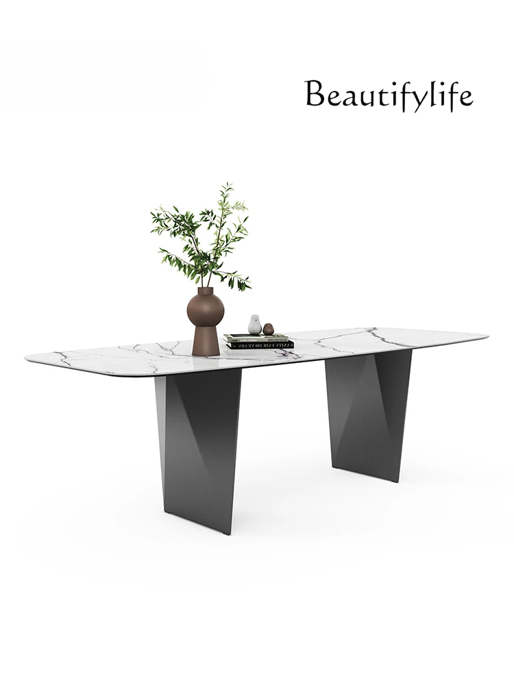 Minimalist Rock Plate Dining Table Stainless Steel Feet Modern Minimalist Light Luxury Household Rectangular Dining Table