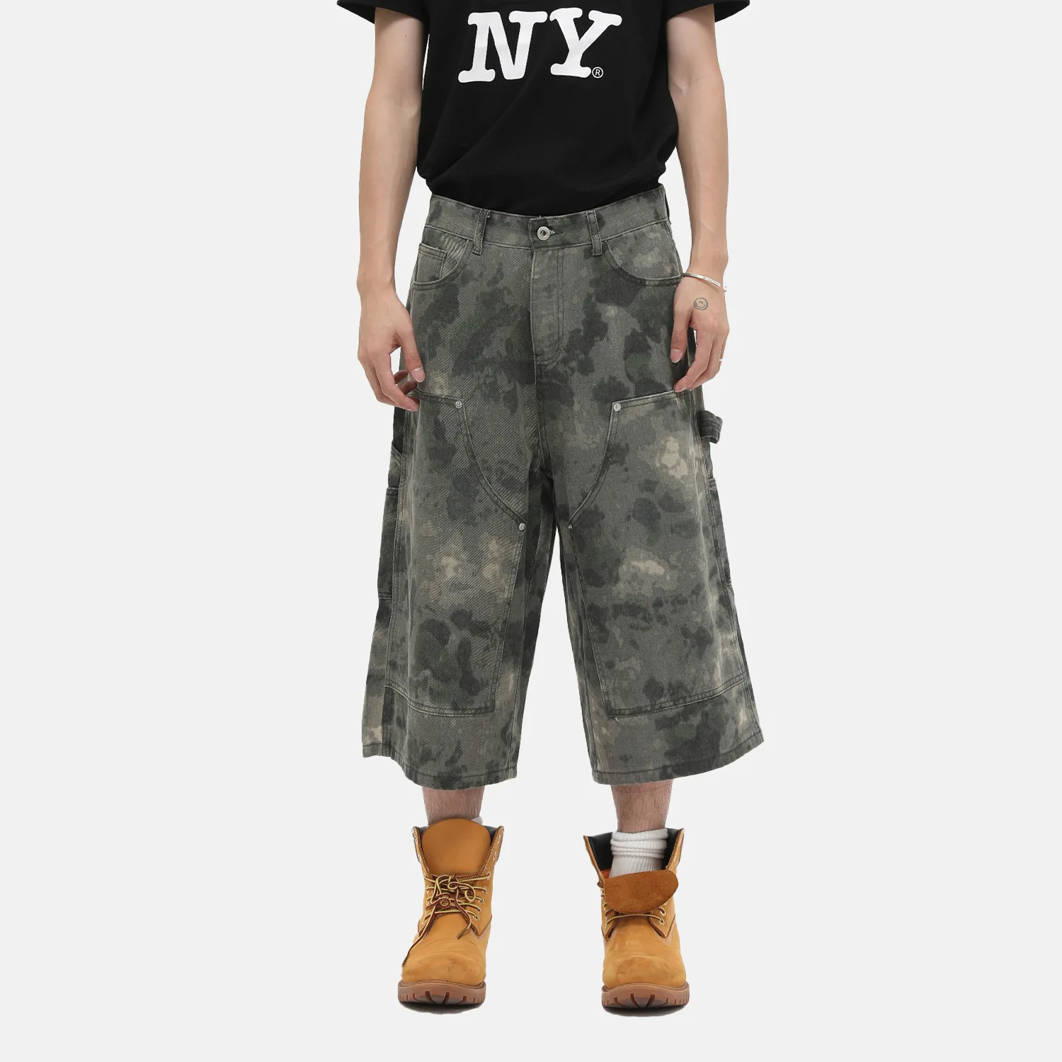 2026 Summer Retro Fog Smudge Camouflage Splicing Tooling Denim Cropped Pants Loose Straight Casual Shorts