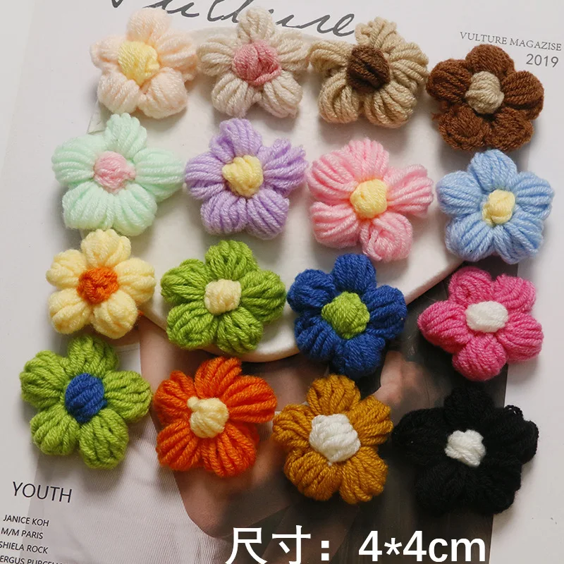 10Pcs Knitting Puff Flower Crochet Woven Accessories Sweet Applique Petals For Clothing Hair Clip Decoration DIY Crafts