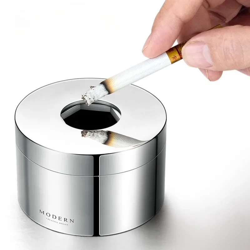 Creative and personalized trend ashtray, stainless steel enclosed with lid, anti fly ash ashtray