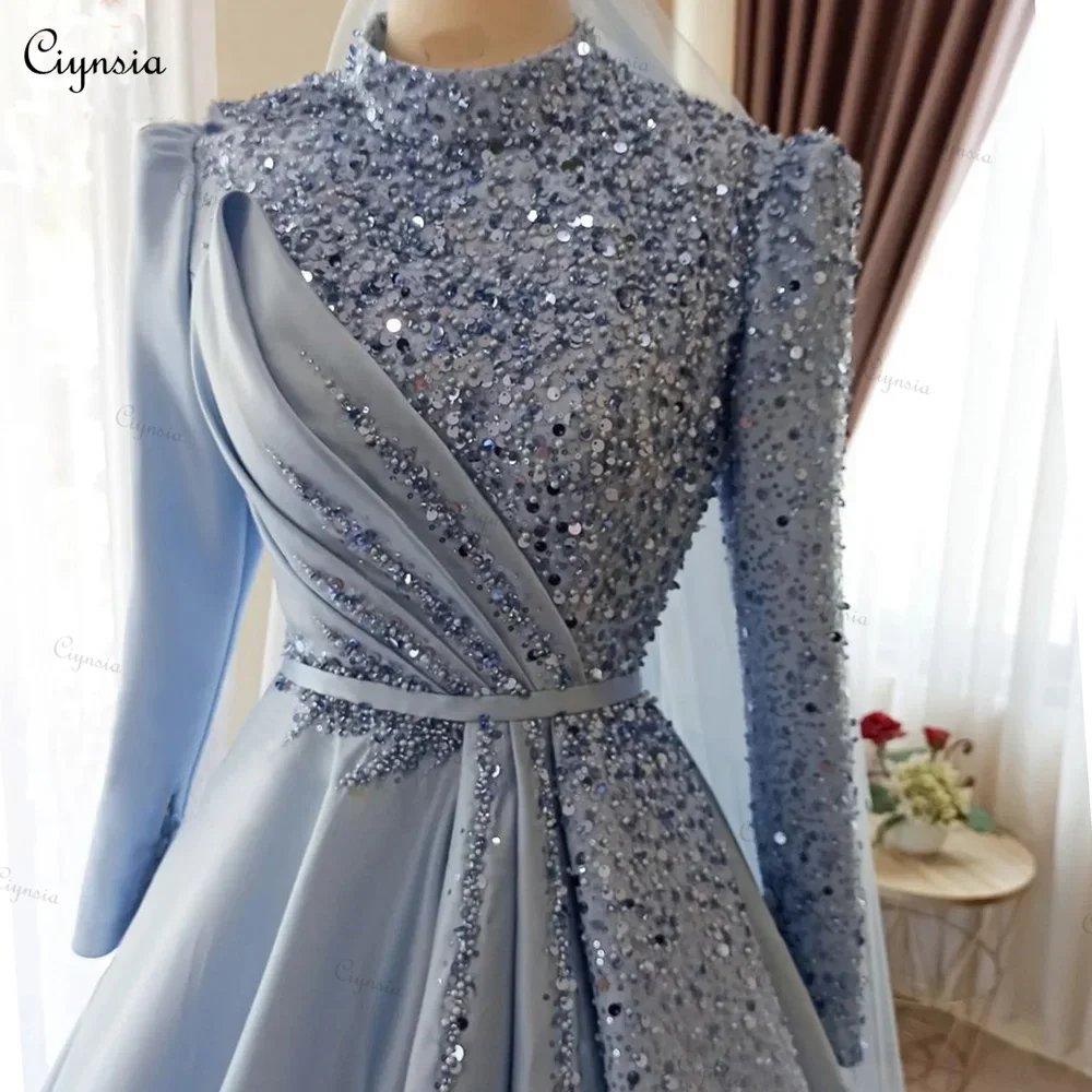 Ciynsia Long Sleeves Muslim Evening Gowns For Women 2024 High Neck A Line Sequins Formal Prom Wedding Party Dresses فساتين سهره