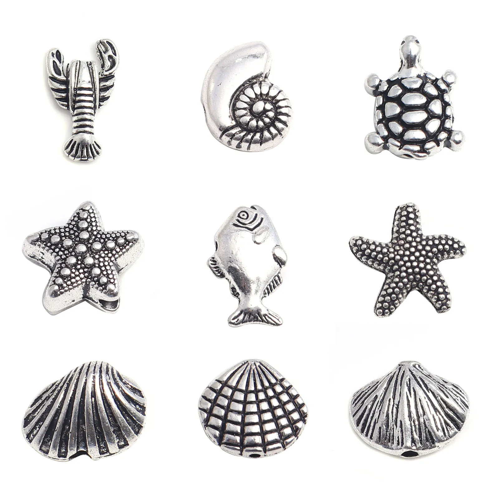 30-100pcs Vintage Ocean Beads Antique Silver Color Shell Fish Turtle Animal Spacer Beads DIY Neckalce Bracelet Jewelry Findings