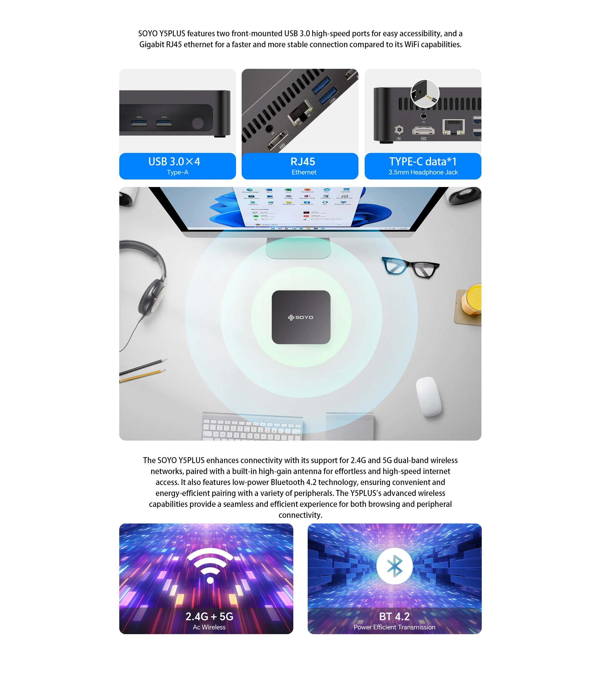SOYO Y5 Plus Mini PC Intel 4th Gen Intel Core I7 Processor 8GB RAM 128GB SSD Windows 11 PRO Bluetooth WIFI5 Display Mini Computer