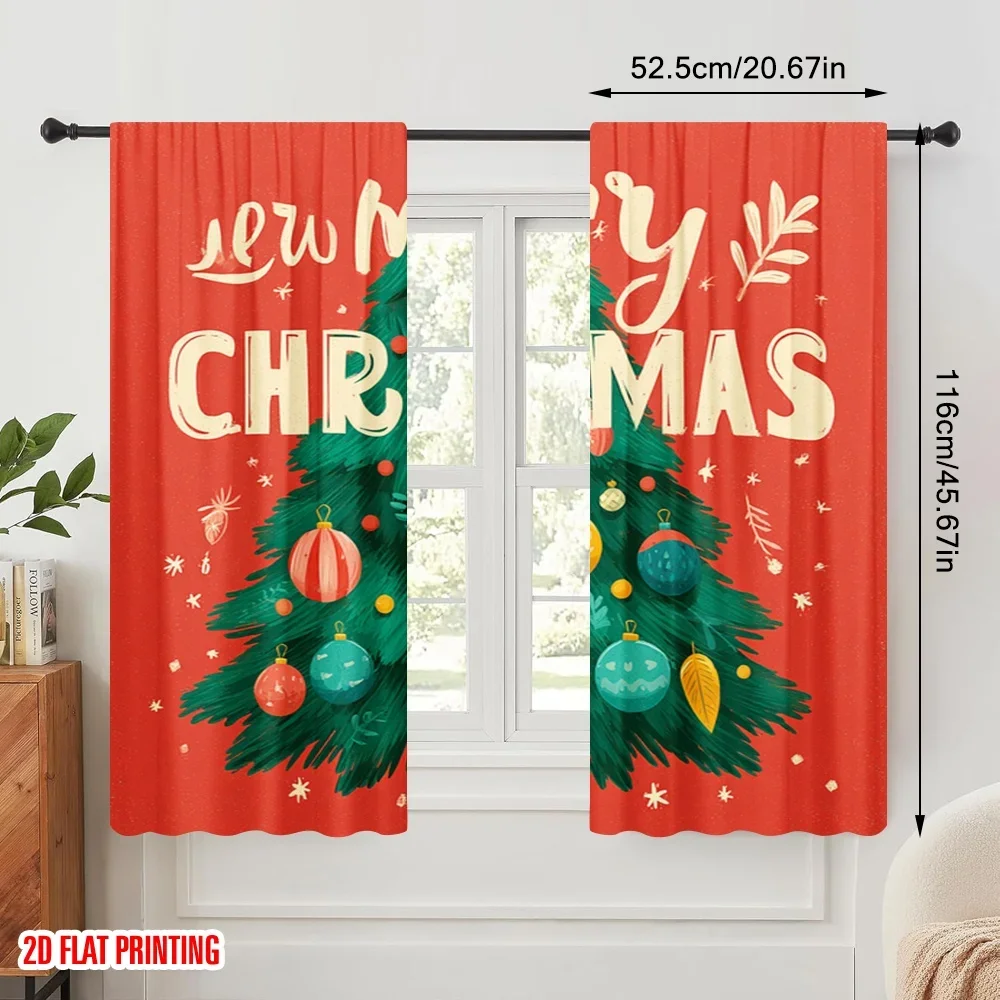 2pcs,2D plane printing Curtains Preety Christmas Tree Durable Polyester (without rod) Holiday Perfect for Living Room & Office