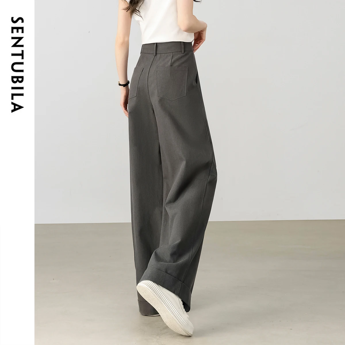 SENTUBILA Women's Summer Pants 2025 Fashion Solid High-waist Folds Pockets Trousers Simple Wide Leg Commuter Outfit W53KD3924X
