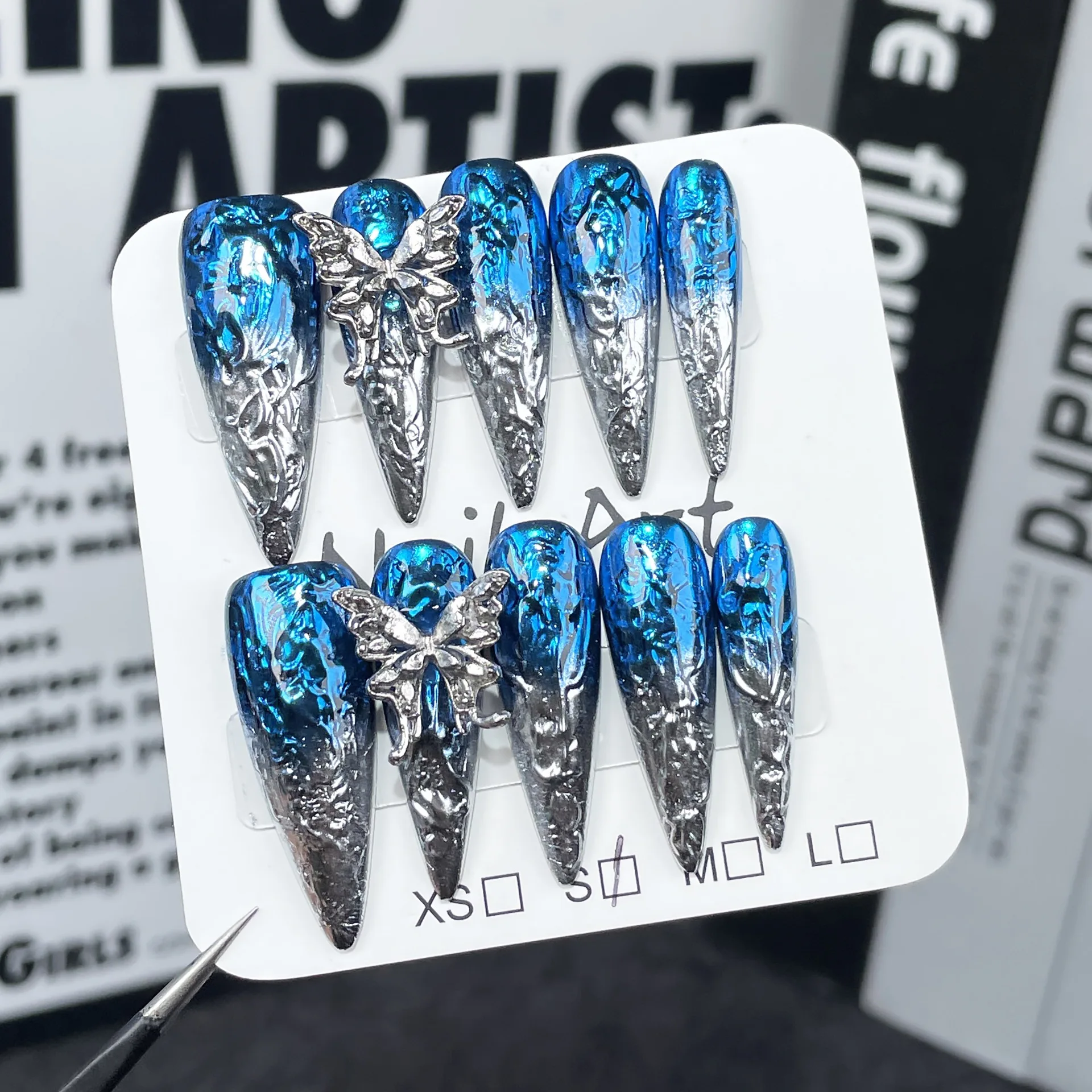 10Pcs Blue Handmade Press on Nails 3D Silver Butterfly Designs Long Stiletto Fake Nails Spicy Girls Stick-on False Nails Tips