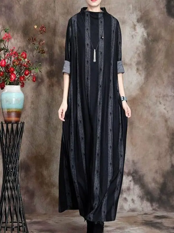 Retro impressão emagrecimento longo sve dr robe feminino outono nova chegada camada base vintage sle cintura solta saia linha a