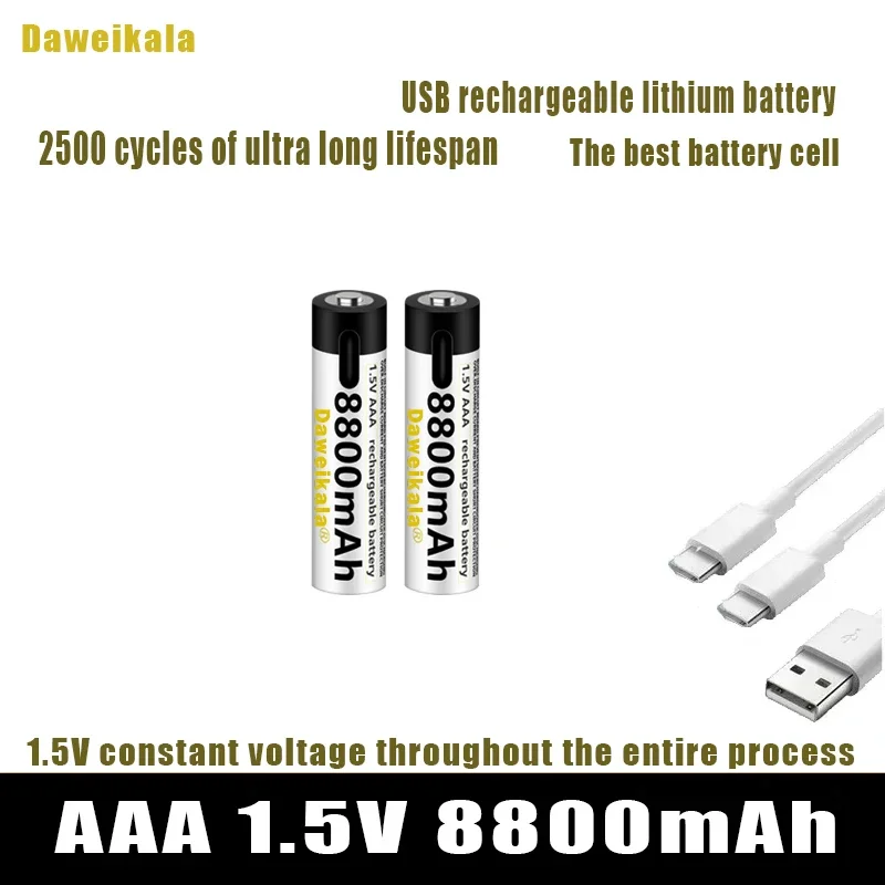 2024 New USB-C 1.5V AAA Battery Fast charging Li-ion Battery 8800mAh for Remote Control Mouse Electric Toy Battery + USB-C Cable