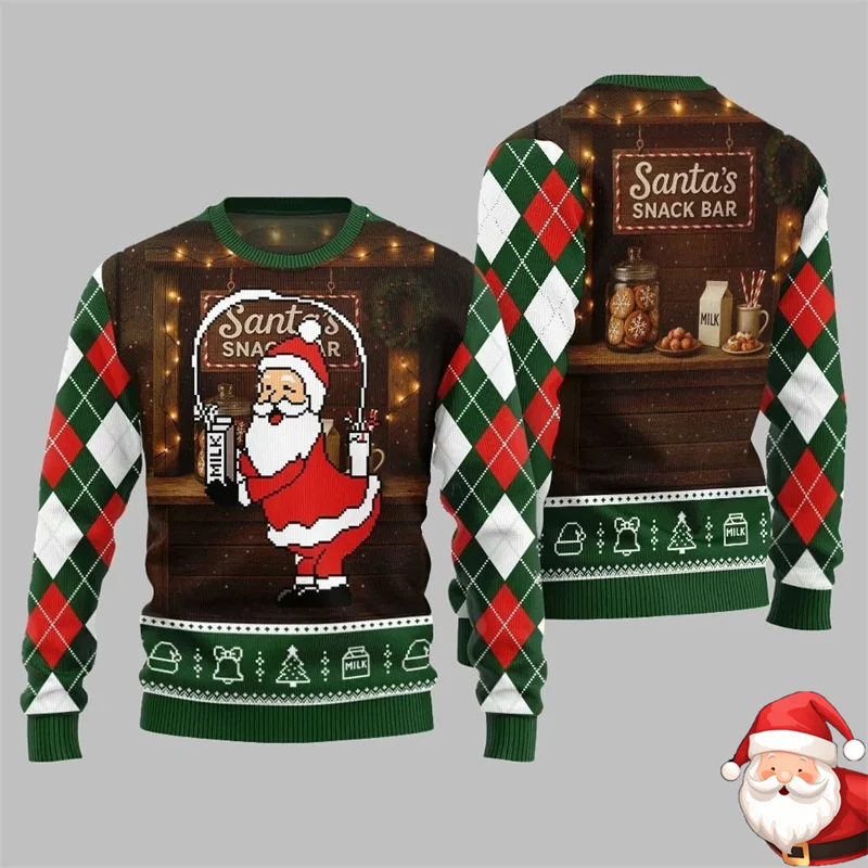 Weihnachten 2025, seltsamer Weihnachtsmann, Snackbar, hässlicher Weihnachtspullover für Männer, kariertes Langarm-Sweatshirt, neue Festival-Geschenkkleidung