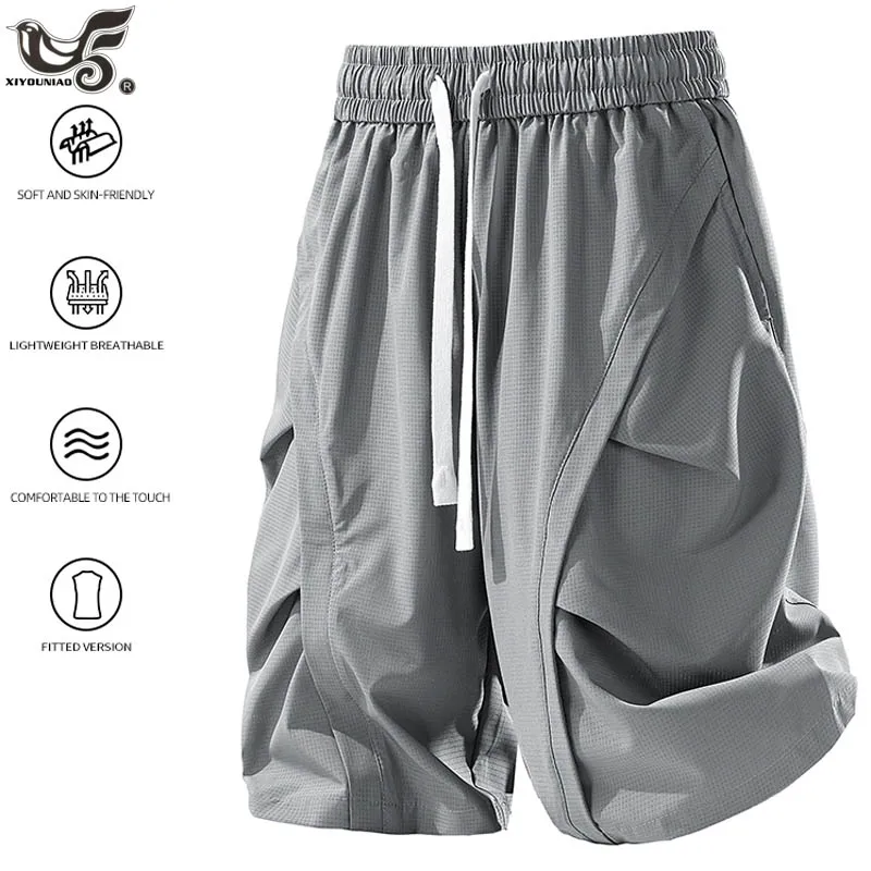 Men's Pleated Shorts Summer Ice Silk Quick-Drying 5-Point Cargo Shorts Streetwear Teenager Loose Straight-Leg Casual Trousers