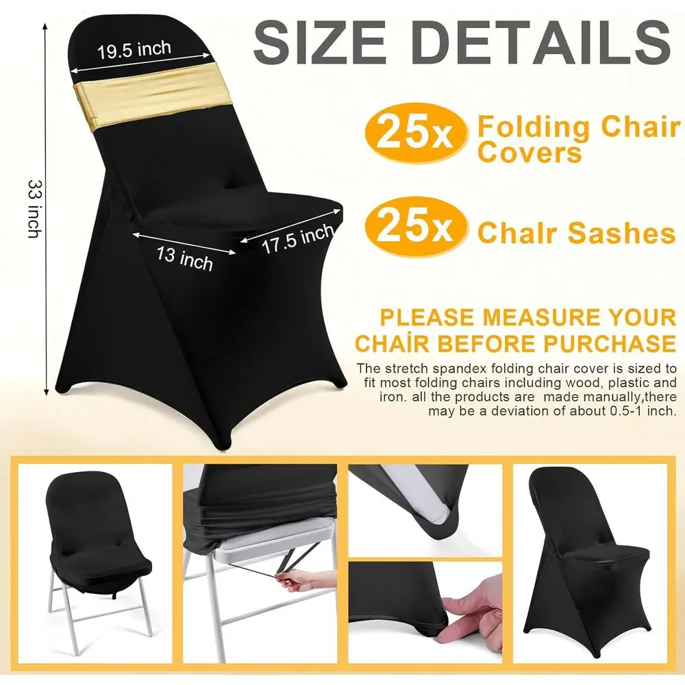 Set di 50 fodere per sedie pieghevoli: 25 elastici e 25 fasce con paillettes per matrimoni, feste ed eventi (nero e oro)