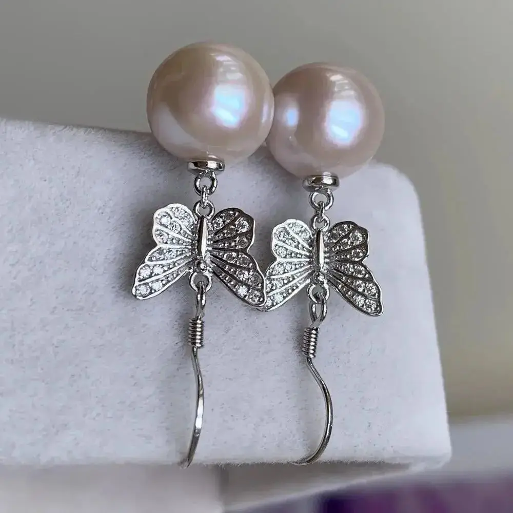 

Natural Pearl AAAA10-11mm 11-12mm South Sea Round Light Pink white Pearl 925s Silver Butterfly Earrings