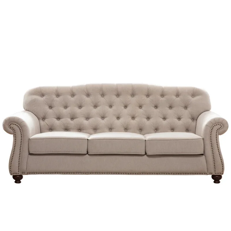 

American country buckle fabric three-person sofa, French retro small apartment living room linen fabric single double sofa