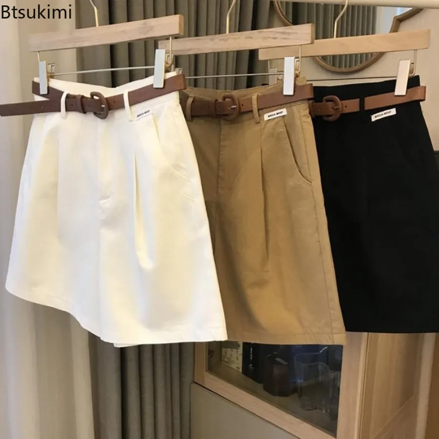 Pantalones cortos de traje para mujer con cinturón, minipantalones cortos holgados de cintura alta coreana con bolsillos sueltos, estilo OL,