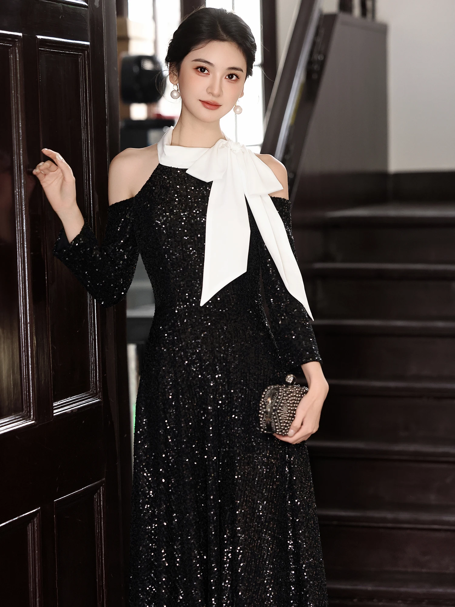 

Вечернее платье Ele Bla для женщин: нарядное, с пайетками, для помолвки, зимнее, модное, с завышенной талией, длинное, с длинными рукавами