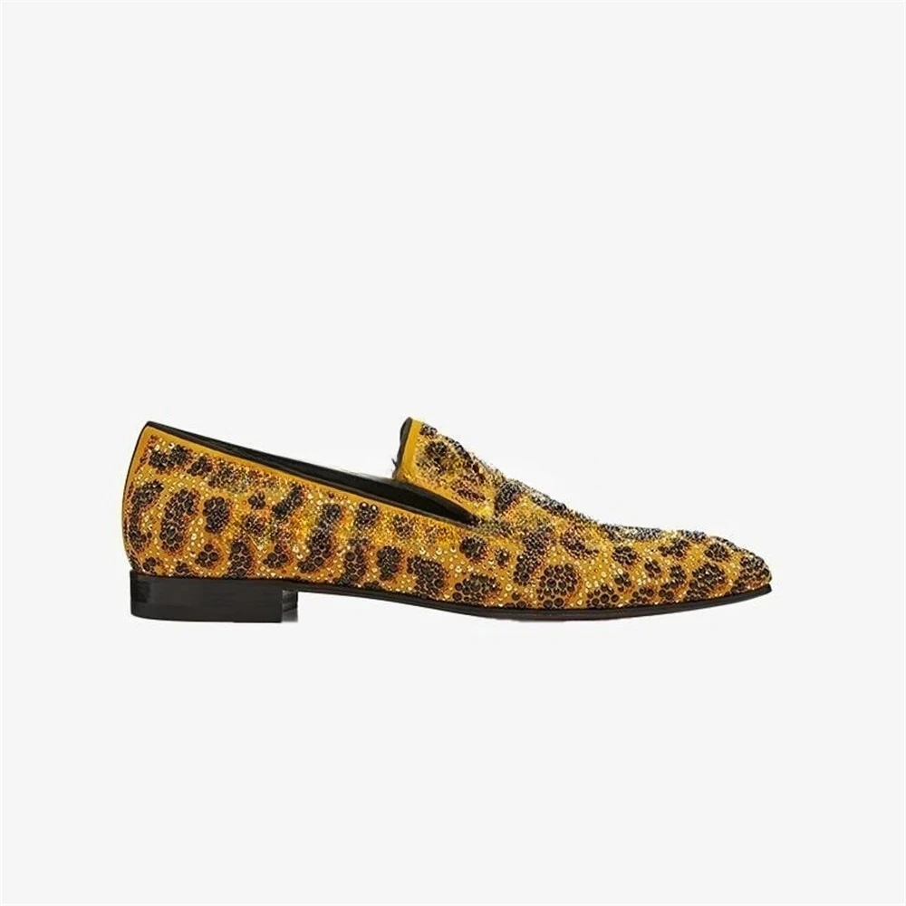 Crystal Embellished Yellow Leopard Loafers Men Round Toe Slip on Dress Shoes Handmade Wedding Business Gentlemen Formal Shoes