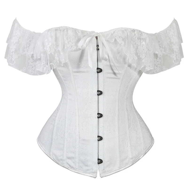 

Women Strapless Button Overbust Corselet Top Blouse Ladies Lace Up Off Shoulder Short Sleeve Sexy Corsets and Bustiers Corselet