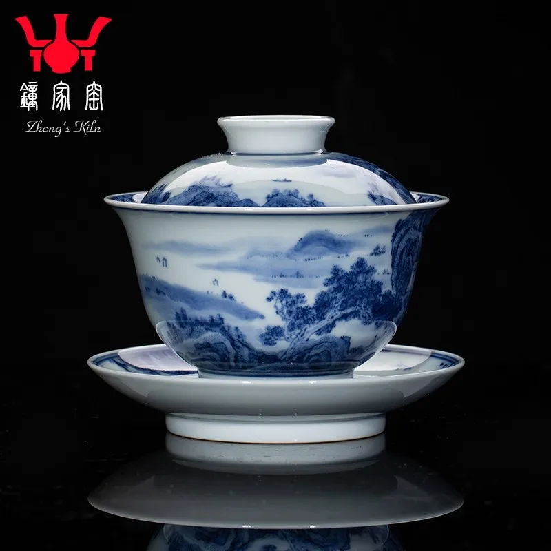 Zhongjia Kiln Cover Teacup Jingdezhen High-End Cover Bowl Single Handmade Blue and White Wood Kiln Point Work Landscape Tea Maki