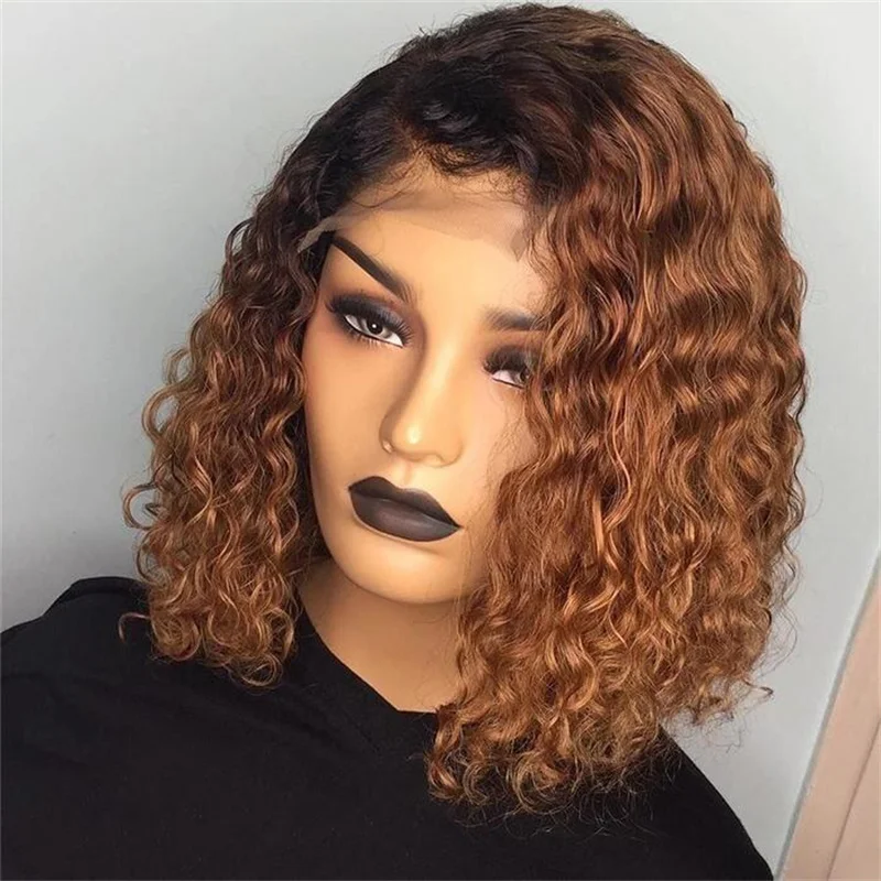 Short Soft 18“  Kinky Curly Ombre Brown 180Density Lace Front Wig For Black Women Babyhair Preplucked Heat Resistant Glueless