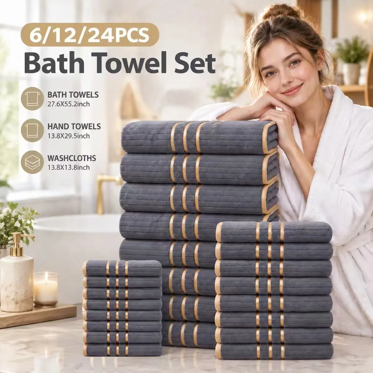 24-Piece Luxury Towel Set, Gold Border Embroidery & Striped Texture. Ultra-soft, High Absorbency & Quick Dry. Includes Bath Towels, Face Towels and Washcloths. Perfect for Salons, Homes, Hotels, Spas, Gyms.