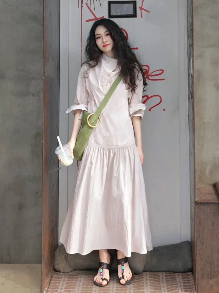 

DesiGar Gentle Wind Long Sve irt Dr Pink Design Sensation A-Line Skirt Casual Sle Stand Fit Daily Wear