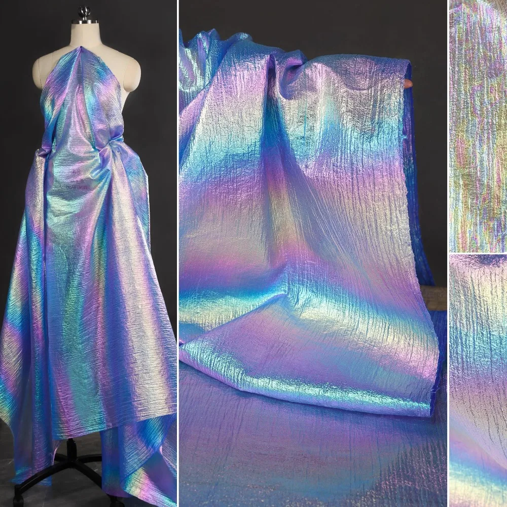 Pearl Mesh Fabric with Iridescent Laser Gradient Slight Wrinkle Translucent Luster for DIY Bridal Gown Stage Dress Design