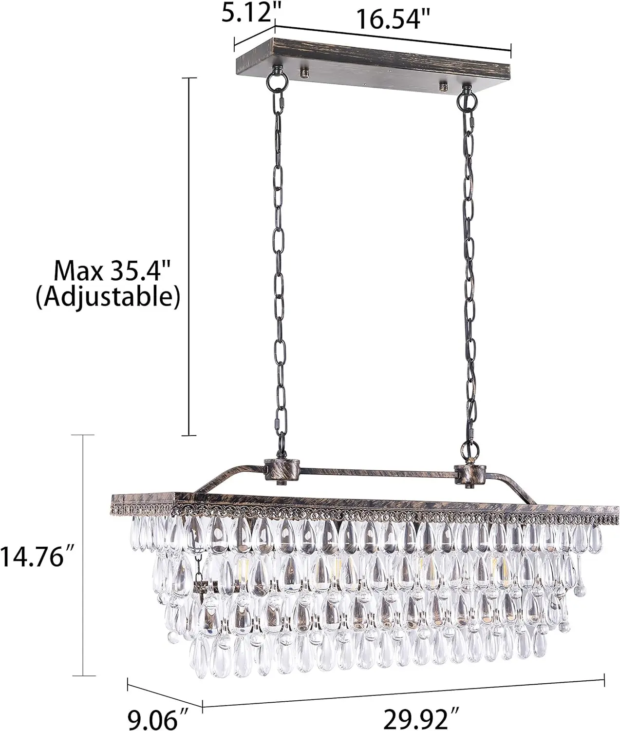 Dining Room Crystal Chandelier,Antique Bronze Rectangle Crystal Ceiling Light,Lights Farmhouse Kitchen Island