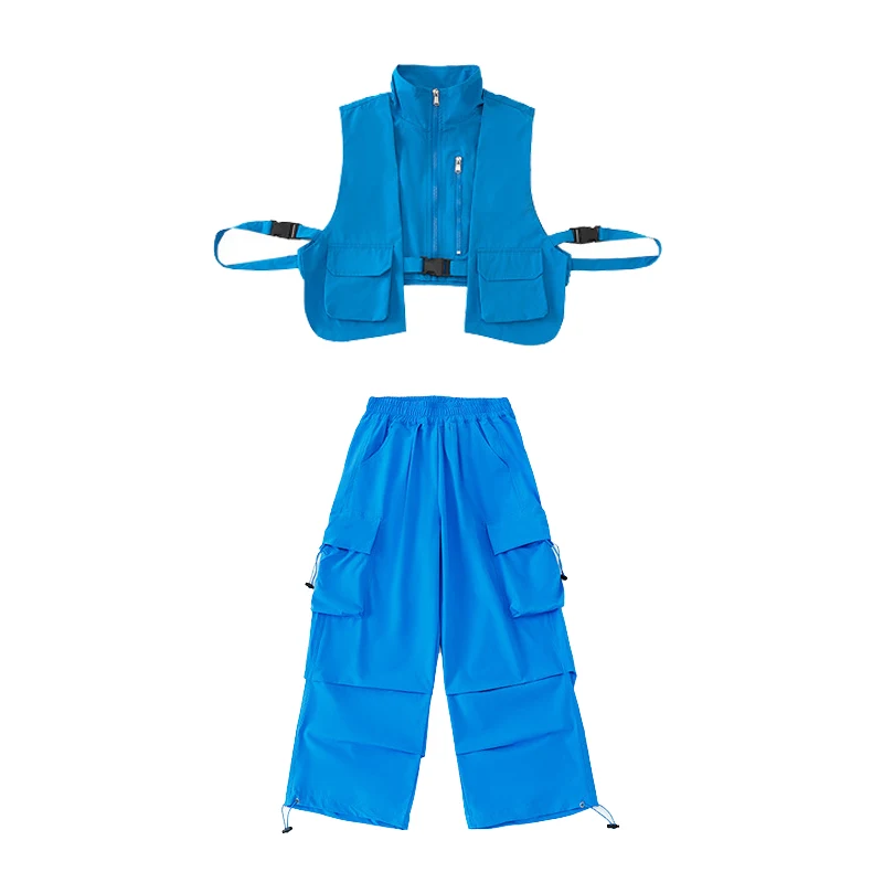 New Ballroom Hip Hop Dance Costumes For Kids Loose Vest Cargo Pants Blue Suit Girls Jazz Dance Drum Stage Rave Clothes DQS14955