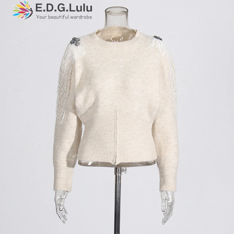 EDGLuLu Vintage Long Sleeved Design With Nail Bead Chain Streetwear Knitted Pullovers Women Korean  Sweater Autumn 2024 1025