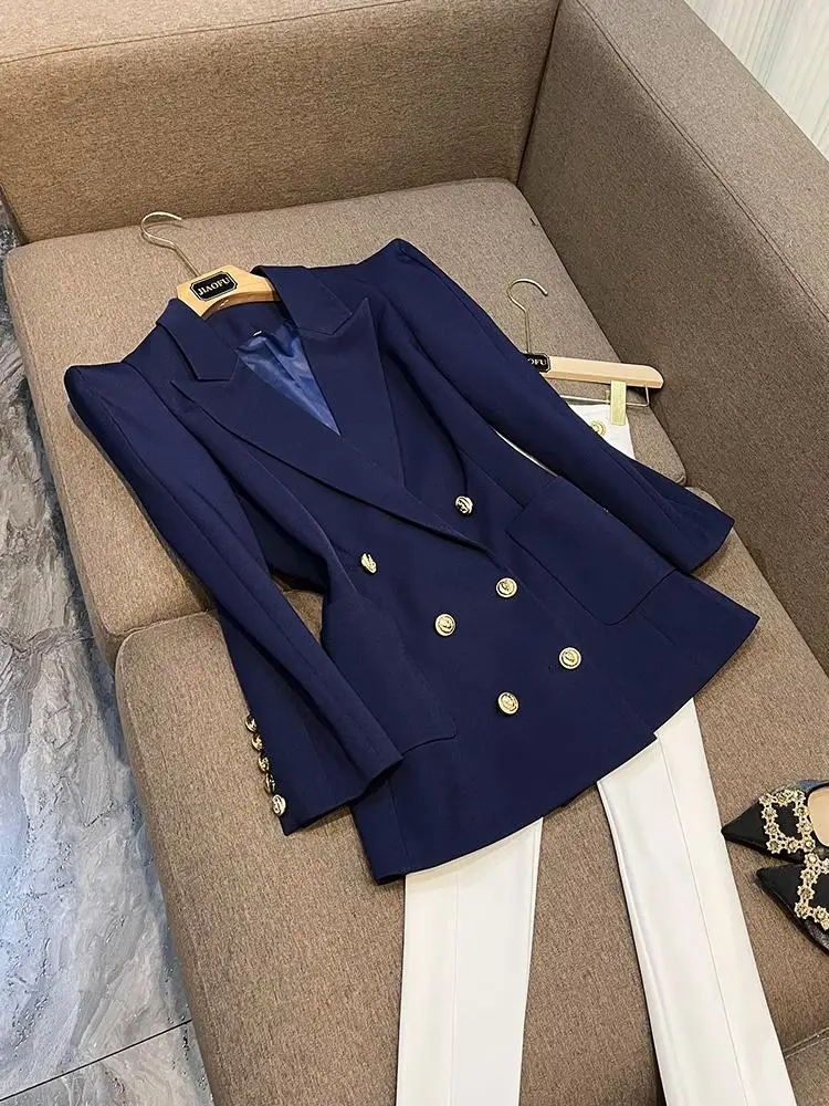 

Blue Tailored Long Sve Suit Jaet Women's High Waist oulder Padded Outerwear Pure Color Commute Sle Premium Feeling