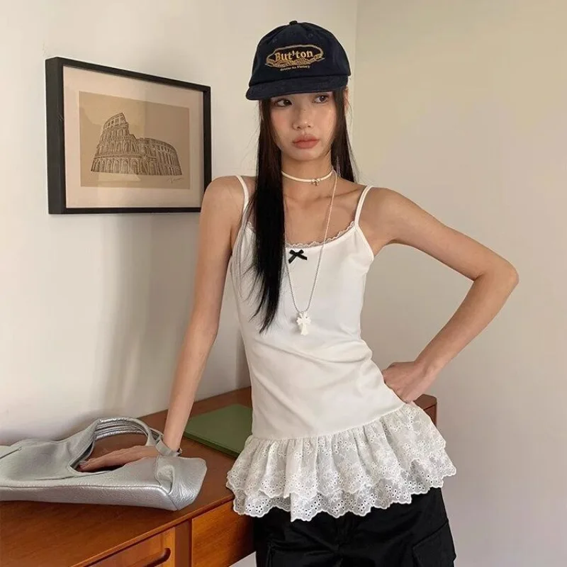 Women Patchwork Lace White Suspender Vest Trim Bottom Hem Layer Skinny Halter Tops Ruffle Edge Skin-friendly Breathable Vest