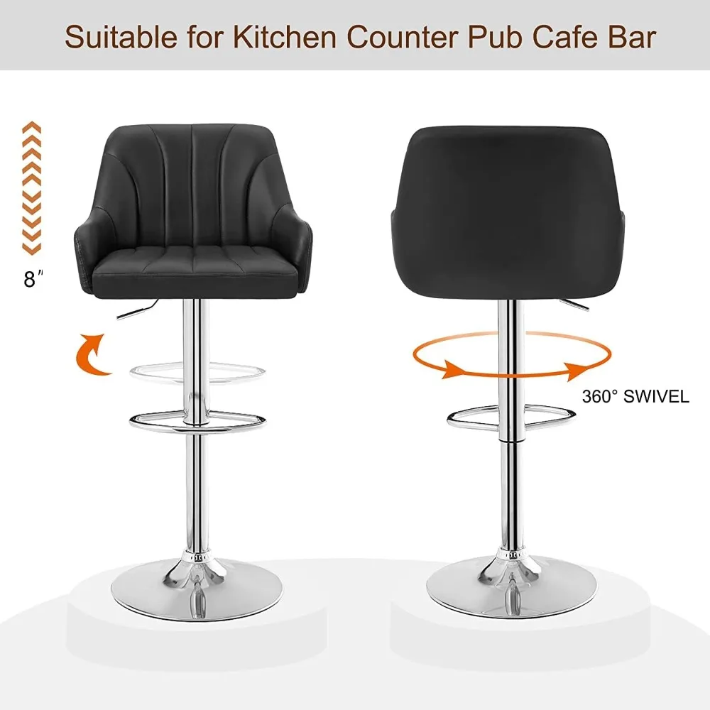 Set of 4 black bar stools - adjustable, swivel, with backrest and armrests, stylish and comfortable