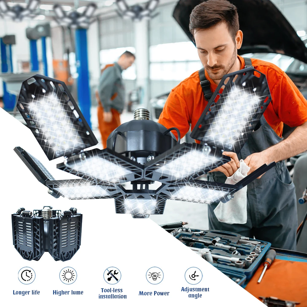 E27 LED ที่มีประสิทธิภาพโรงรถ 180W ไฟทํางานพับได้ 15000 LM สําหรับห้องนั่งเล่นโกดังโรงรถเพดานอุตสาหกรรม