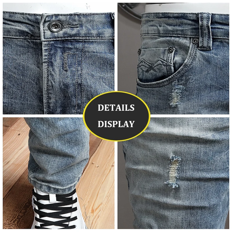 Italian Style Fashion Men Jeans Retro Light Blue Elastic Slim Fit Ripped Jeans Men Vintage Designer Casual Denim Pants Hombre