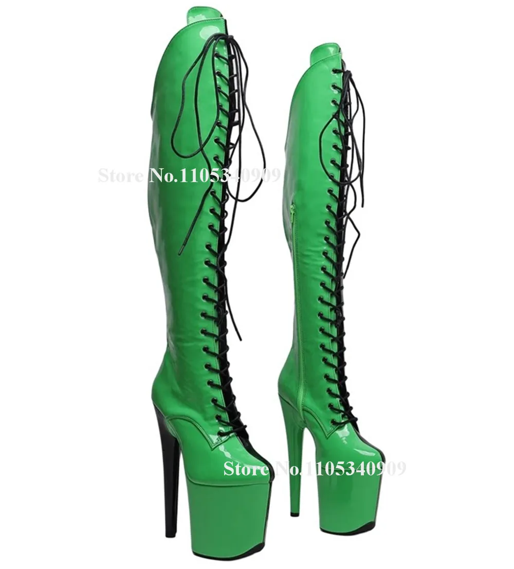 Bondarenko Green-black Mixed-colors Patchwork Stiletto Heel Knee High Boots Round Toe Lace-up High Platform Thin Heel Dance Shoe