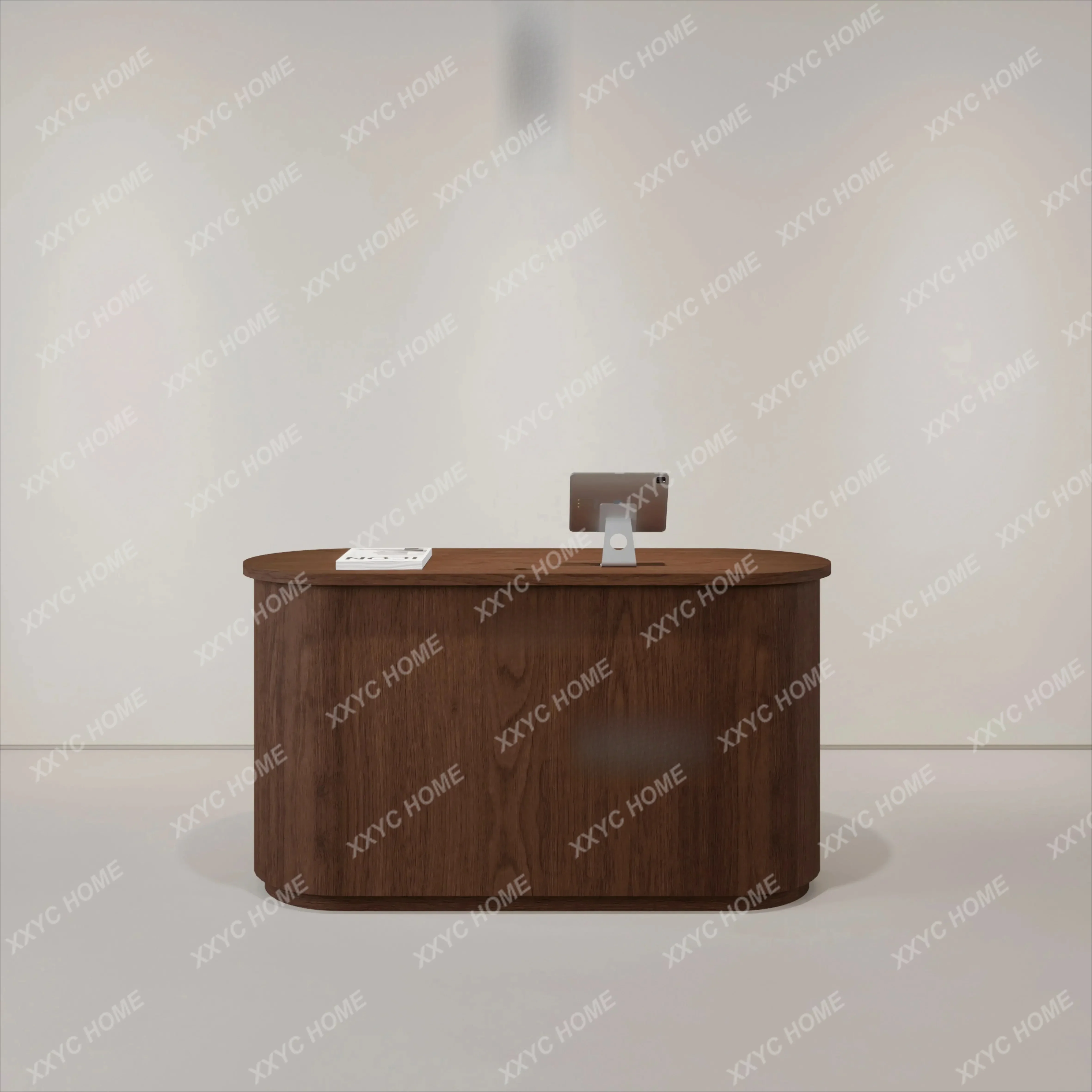 DVVintage, clothing store, reception desk, rounded corner creative bar, walnut, high-end collection table