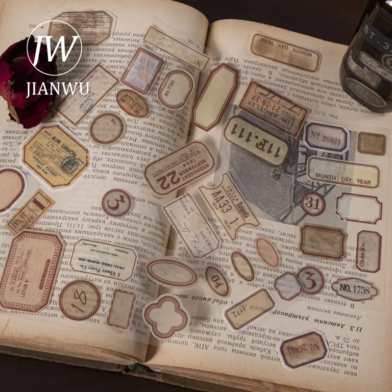 JIANWU 20Sheets Vintage Tearable Label Journal Sticker Book DIY Scrapbooking Decoration Material Retro Washi Stickers Stationery