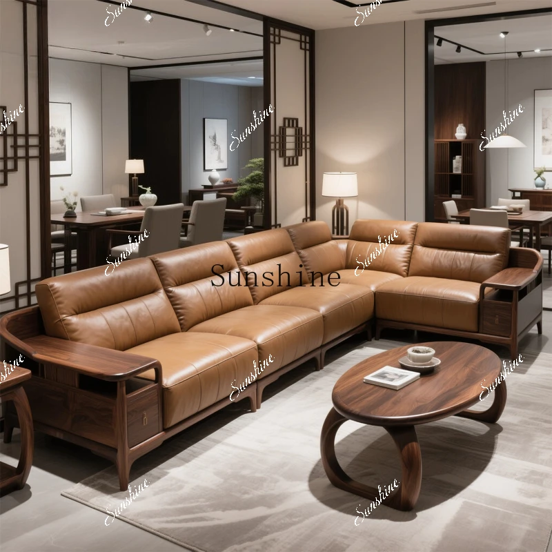 Light luxury all-solid wood leather sofa modern new Chinese villa model room furnitureY
