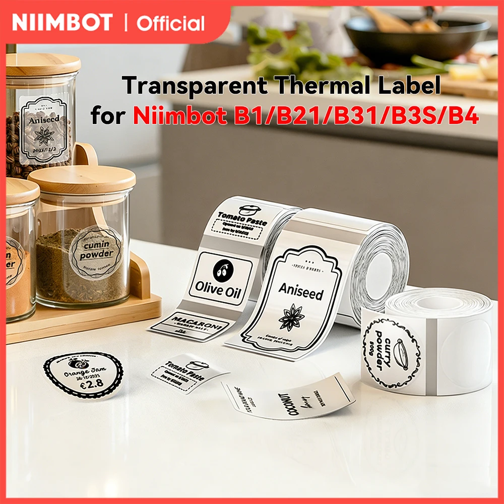 2 Rolls Niimbot Transparent Thermal Label Paper Clear Square Round Self-Adhesive Sticker for Niimbot B1/B21/B31/B3s/B4 Printer