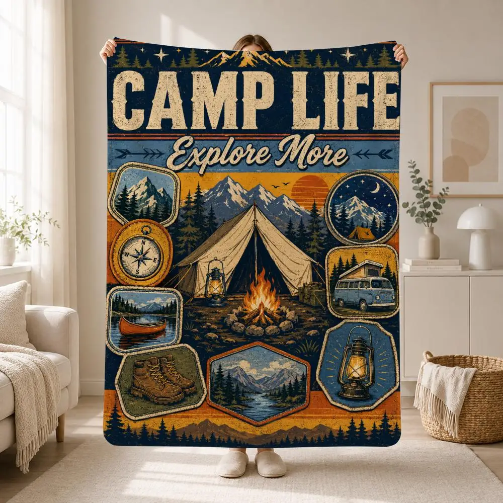 Cozy Outdoor Adventure Illustration Camper and Forest Throw Soft Plush Flannel Throw Blanket Sofa Bed Travel Home Decor