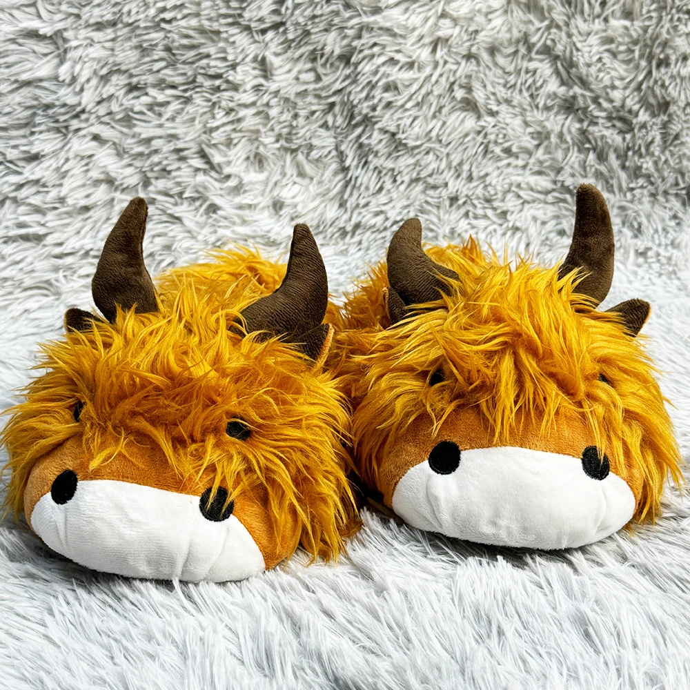 Highland Cow Plush Slippers Women Men Soft Stuffed Animal Fluffy Slipper Adults House Warm Couples Shoes Valentine's Day Gifts