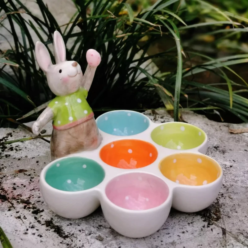 Easter Decoration Ceramic Egg Tray,Creative Cute Rabbit Egg Cup,Divided Tray Snack Nut Seasoning Storage,Table Decor Home Deco