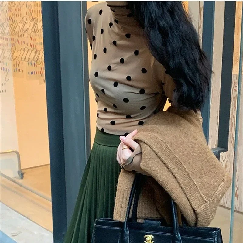 

High Collar Long Sleeve Bottoming Lace Shirt Mesh Top Autumn and Winter Polka Dot Printed