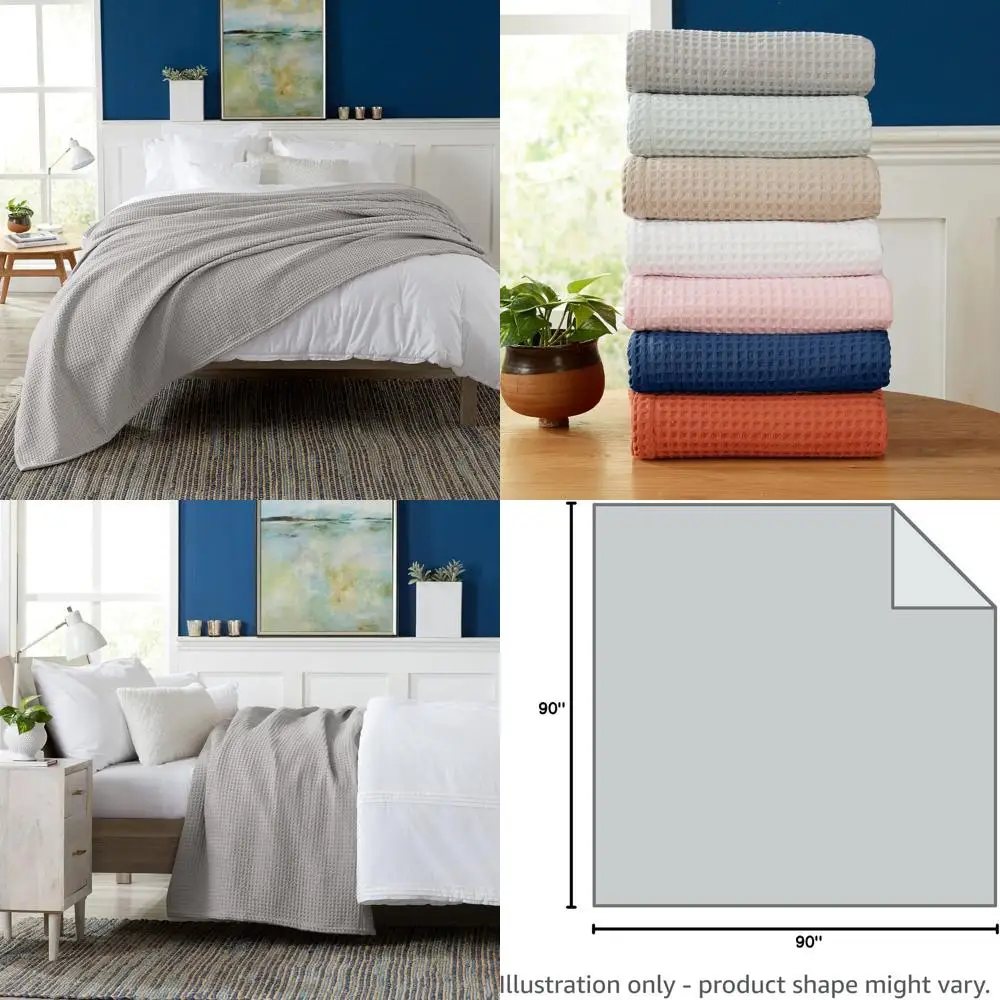 

Cotton Waffle Weave Blanket - Soft, Breathable, Lightweight for All Seasons | Ideal for Layering | Full/Queen, Light Grey