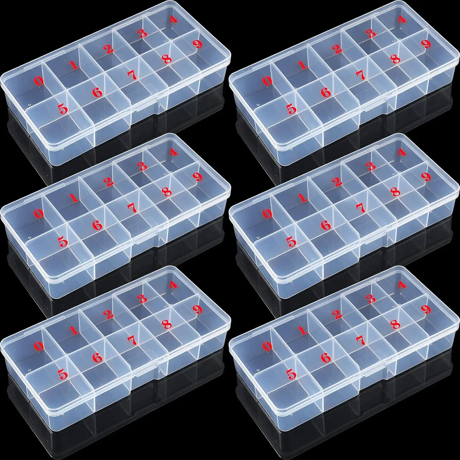 

6-Pack Nail Tip Storage Box with 10 Numbered Slots, Clear Plastic Organizer for False Nails, Beads, Jewelry