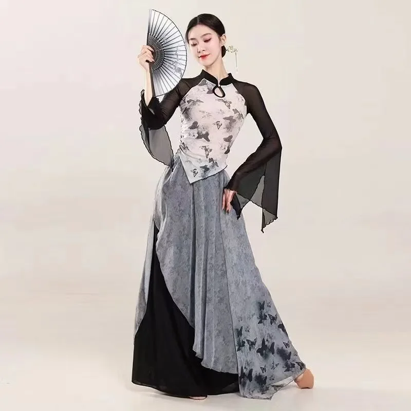 Women Classical Dance Folk Dance Costumes Chinese Style Ink Butterfly Print Black Top Culottes Girls Dance Training Uniforms