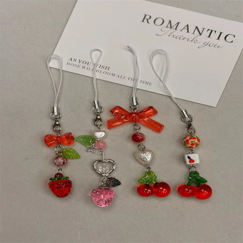 

Cute Cherry Phone Charm Pendant Kawaii Key Bag Chain Accessorioes For iPhone Universal Girls Women Jewelry Keyring Hanging Cord
