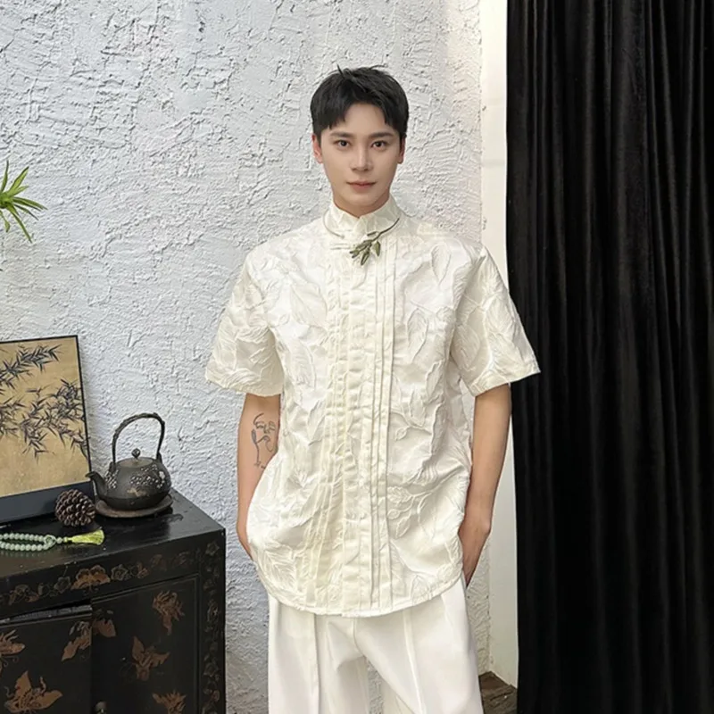 

SYUHGFA Chinese Style Shirt Men 2024 Summer New Satin Solid Jacquard Chic Buckle Stand Collar Short Sleeve Trendy Top Casual