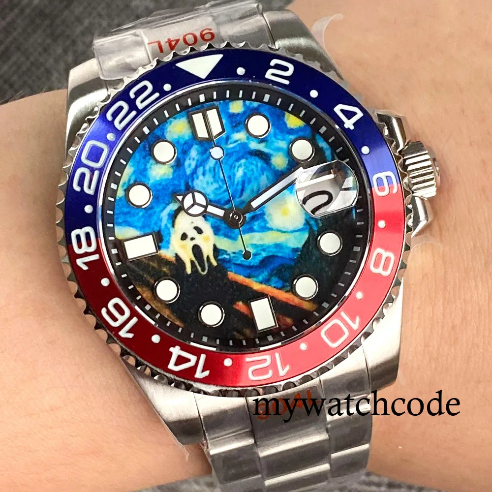 40mm NH35A Luminous Scream Dial Auto data szafirowe szkło automatyczny zegarek męski obrotowy Bezel bransoletka Screwdown Crown